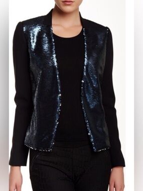 Ted Baker London Reversible Sequin Blazer Jacket Open Front Black Silver